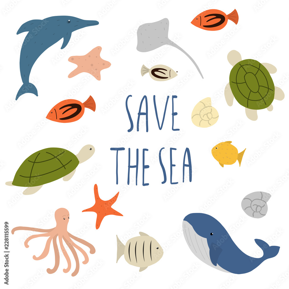 Save the sea vector sea animals - turtle, dolphin, sea star, whale