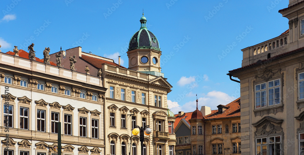 Prague, city street, panoramic view of Lesser Town Square, Kaiserstein Palace