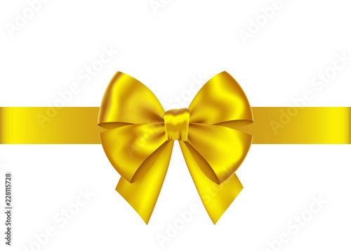 Golden gift ribbon and bow for Christmas, New Year decoration.