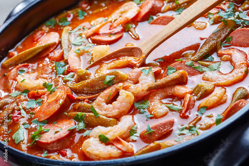 gumbo with prawns, okra and sausage