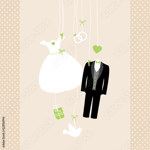 Hanging Wedding Symbols Green Beige Background Dots
