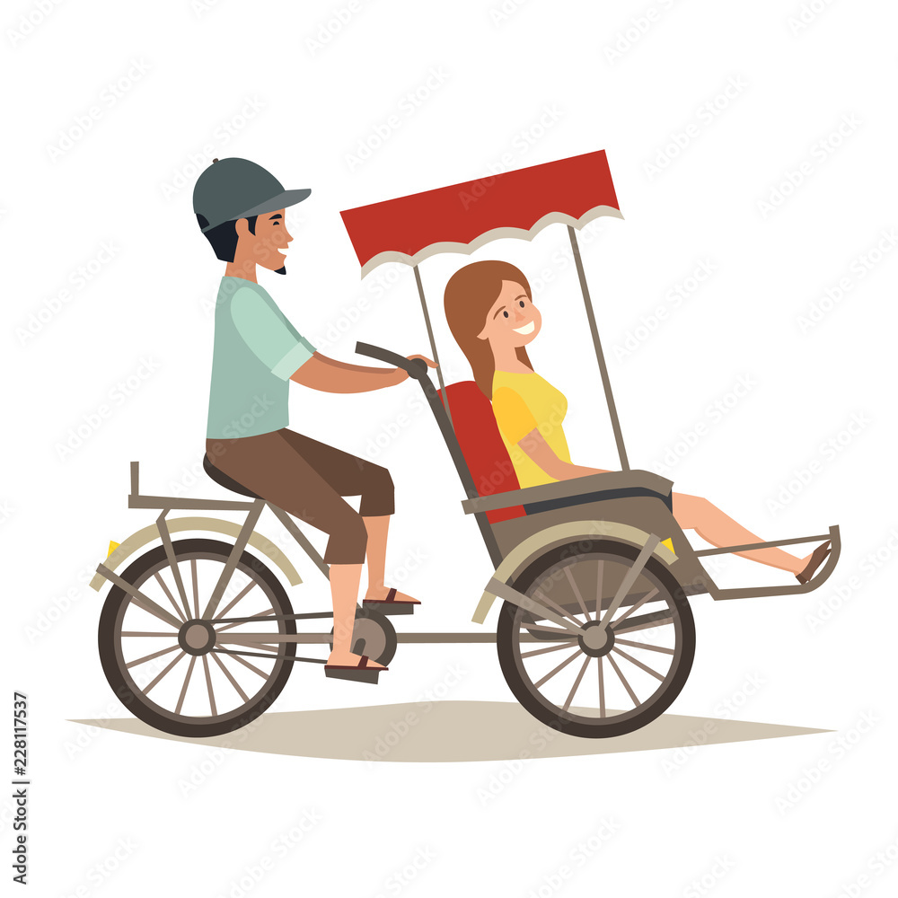 Obraz premium Rickshaw asian taxi vector icon. Ttraditional Vietnamese taxi tuk-tuk illustration, isolated on white background. Travel in Asia