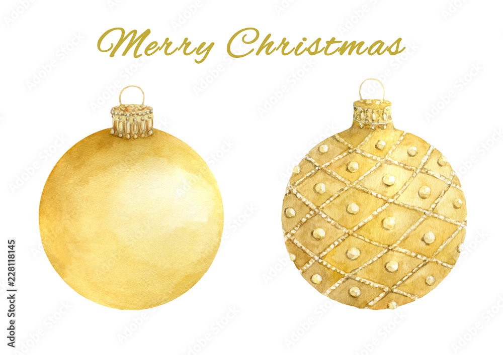 Watercolor set of christmas gold balls isolated on white background. Watercolor set of christmas gold balls isolated on white background.