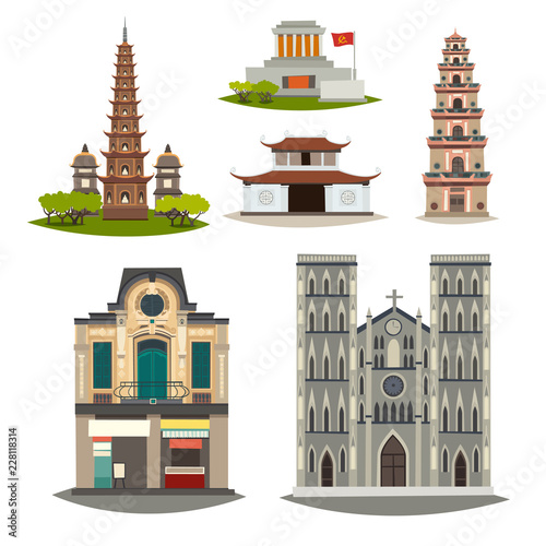 Vietnam vector building collection. Detailed pagoda, house, mausoleum cartoon illustration. Historical place cityscape isolated on white background. Architecture in the town, flat cartoon style photo