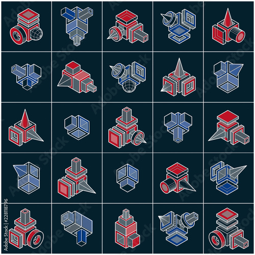 Abstract vectors set, isometric dimensional shapes collection.