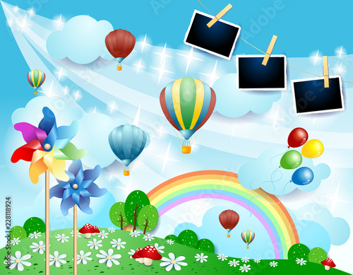 Spring landscape with balloons  pinwheels and photo frames