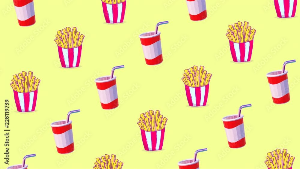 Animation fast food pattern art. Soda and french fries Animation fast food pattern art. Soda and french fries