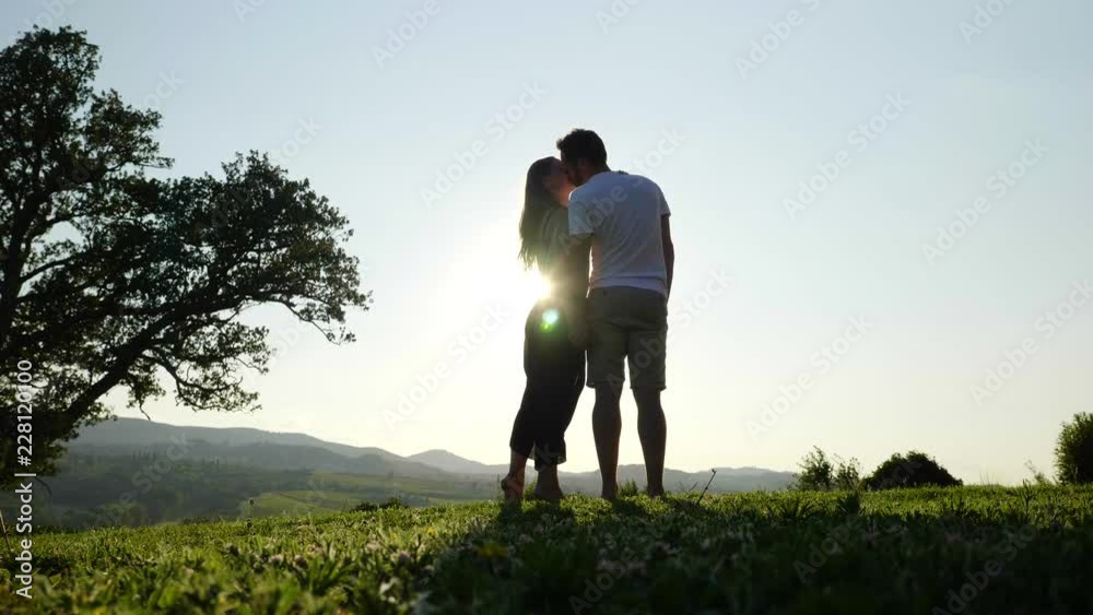 Young Couple Holding hands while Kissing on a Field During Sunset. Young Couple Holding hands while Kissing on a Field During Sunset.