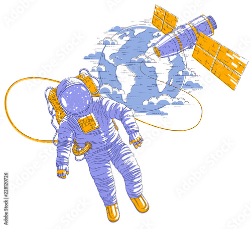 Astronaut went out into open space connected to space station and earth planet in background, spaceman floating in weightlessness and iss spacecraft with solar panels behind him. Vector.