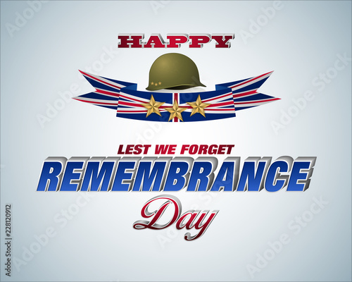 Holiday design, background with 3d texts, army helmet and national flag colors for British Remembrance day event, celebration; Vector celebration