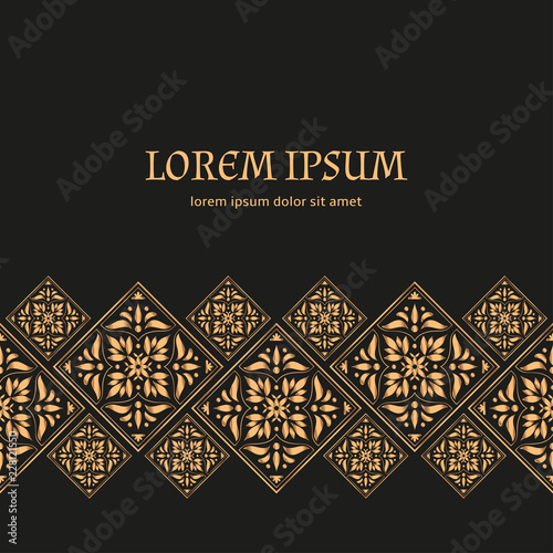 Luxury background vector. Gold black tile royal pattern border. Holiday design for christmas card, new year party invitation, beauty spa salon flyer, wedding ceremony, eid mubarak, ramadan concept.