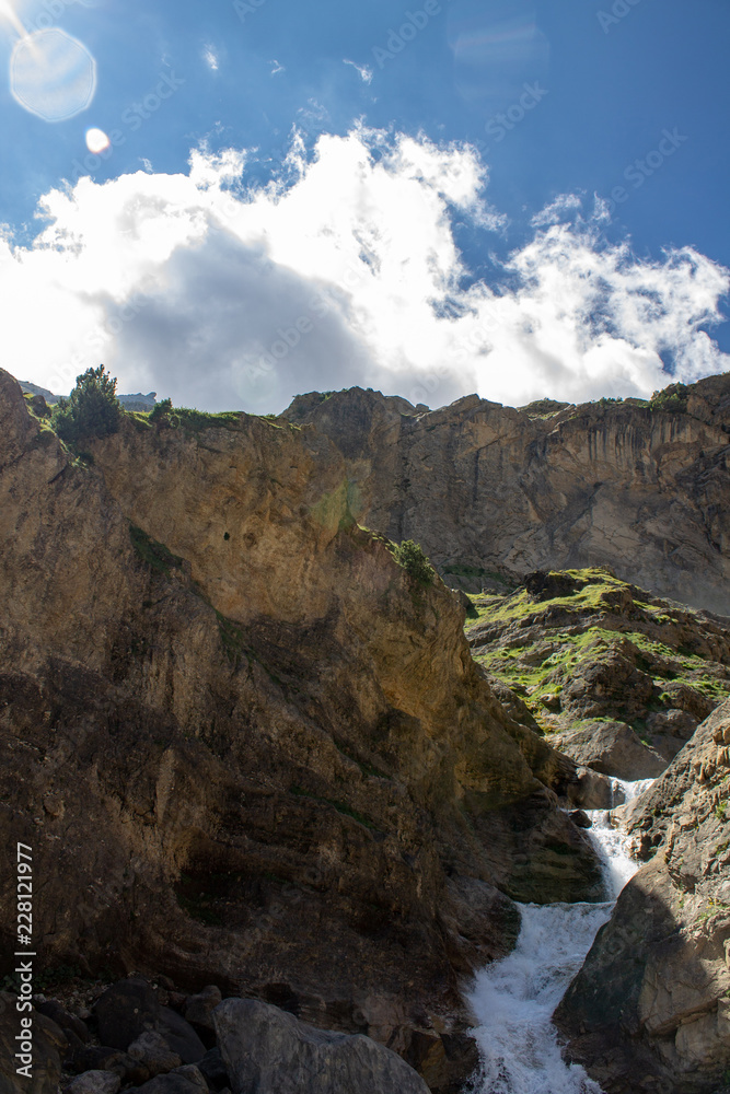 mountains with pineta valley waterfall, ordesa park, huesca, spain
