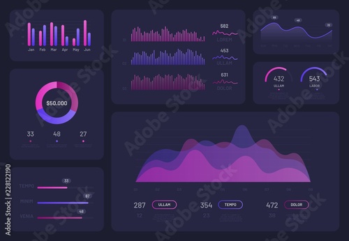 Modern infographic design template, set of business workflow charts and diagrams. User interface for website, workflow layout, diagram, web design, marketing presentation on dark background