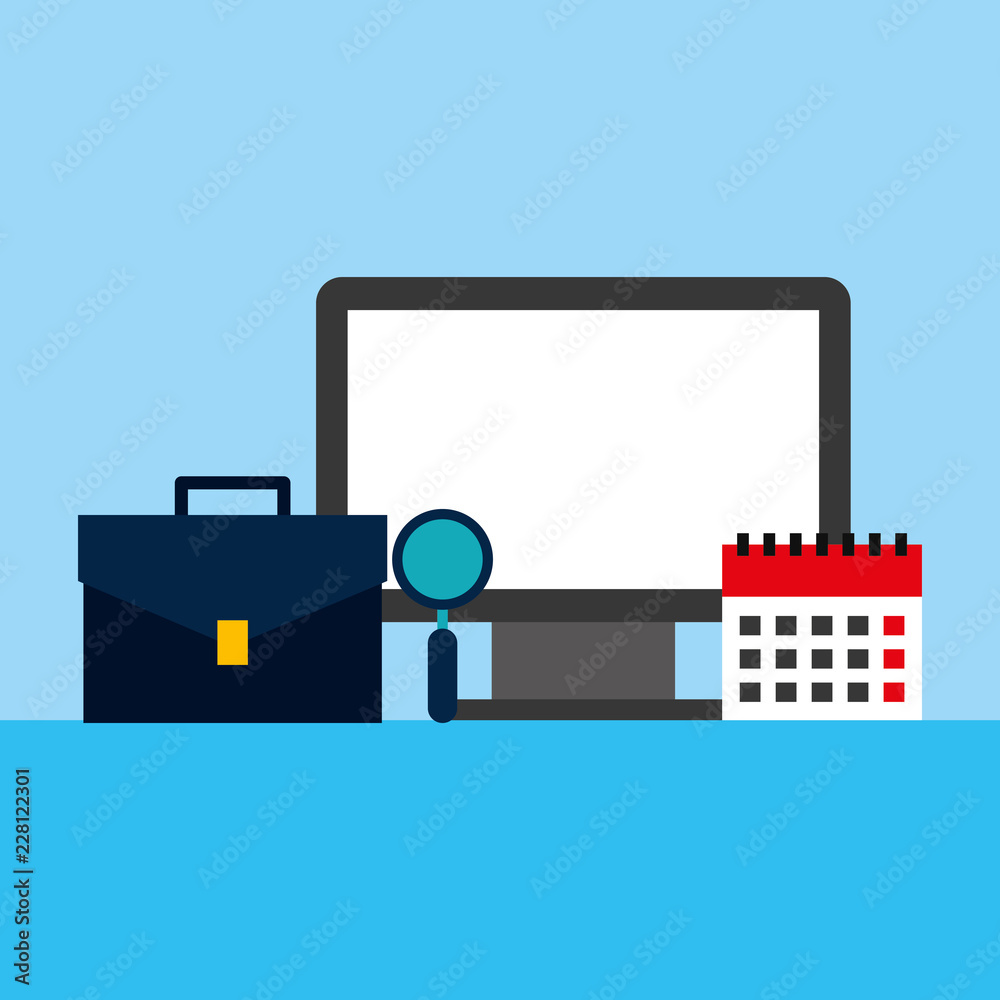 computer monitor with portfolio and set icons computer monitor with portfolio and set icons