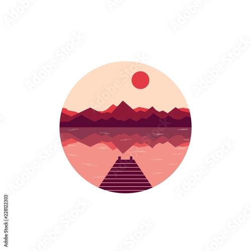 Flat nature round icon with a landscape. Vector illustration in modern style. Landscape with mountains and river or lake, with sun and pier. Panorama of mountains on sunset or sunrise