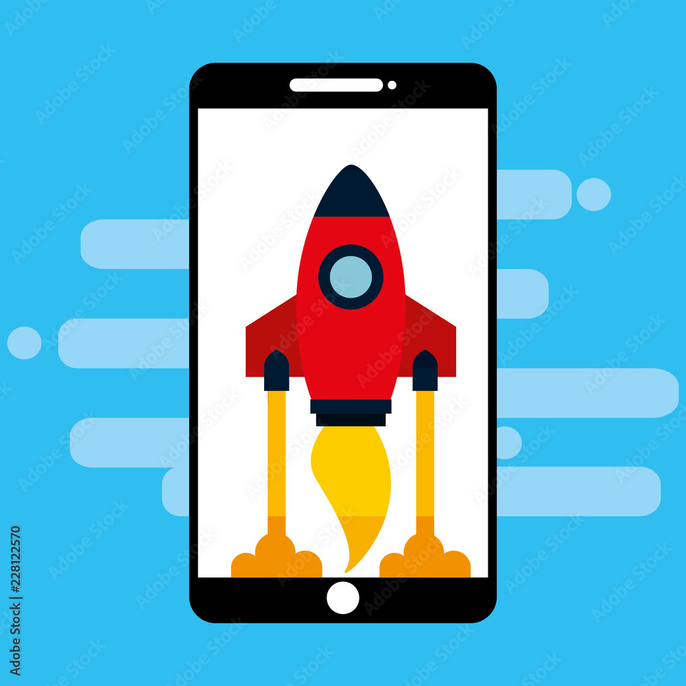 smartphone device with startup rocket isolated icon smartphone device with startup rocket isolated icon