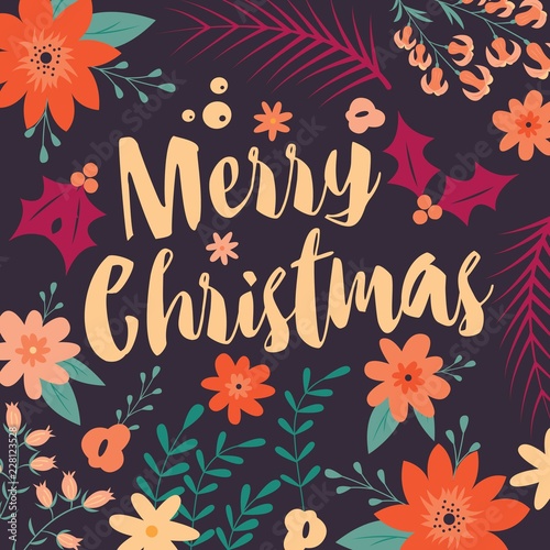 Typographic Merry Christmas card with floral decorative elements