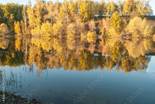 lake with reflection of trees yellow foliage landscape