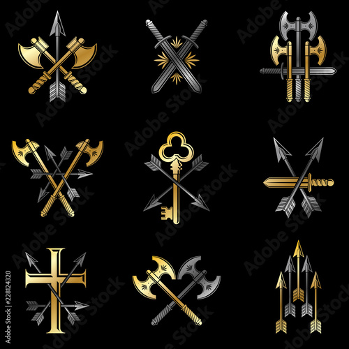 Vintage Weapon Emblems set. Vintage vector design elements collection. Retro style label, heraldry.
