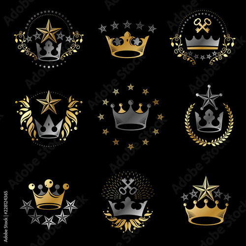 Royal Crowns emblems set. Heraldic Coat of Arms decorative logos isolated vector illustrations collection.