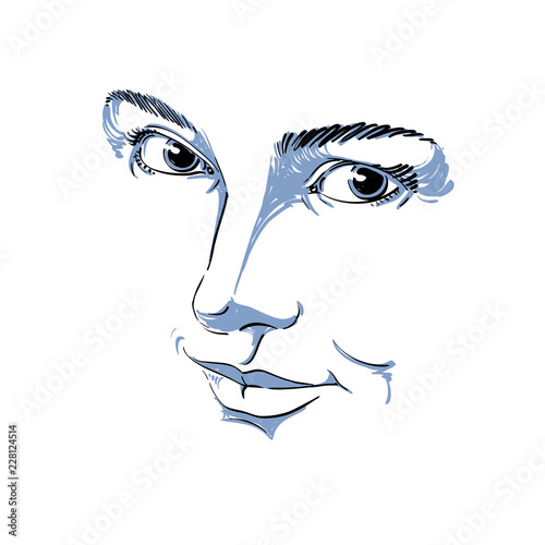 Monochrome hand-drawn mask with face features and emotional expressions. Beautiful sexy lady, portrait of flirting woman.