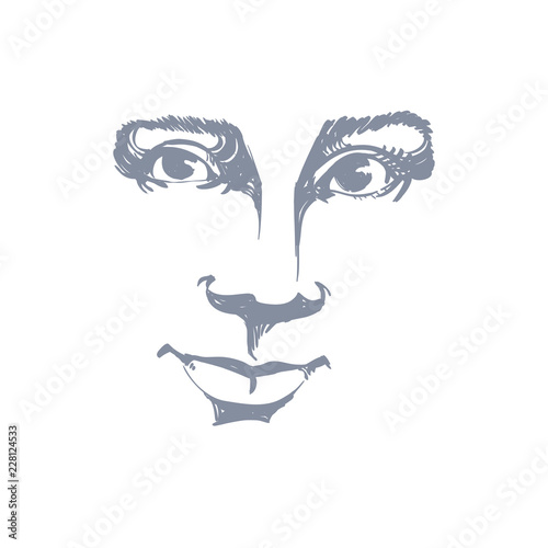 Vector monochrome art drawing, portrait of gorgeous dreamy girl isolated on white. Facial expressions, people positive emotions. Caucasian melancholic woman face, mask.