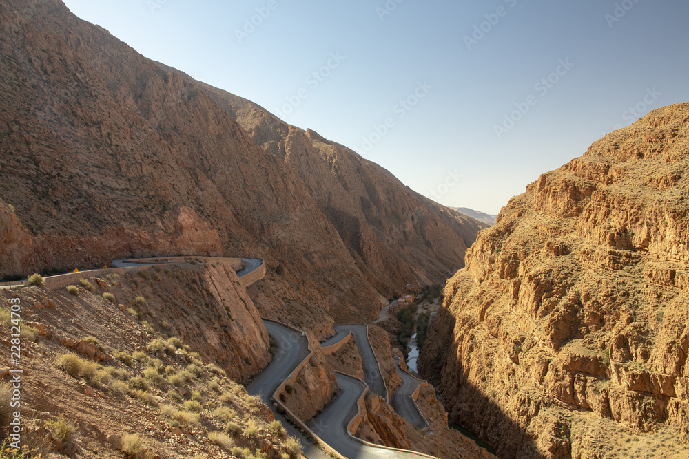 Wide angle view of winding road in Dades Valley, Morocco