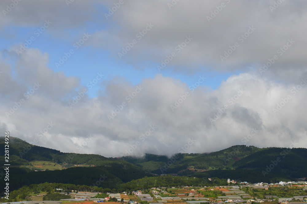 Green hill with the sky and clouds in the horizon. Trees and clouds in the background.City and houses in the backgound