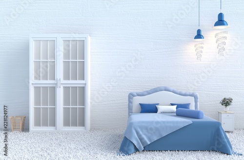 White bed room decor with blue bed,blanket,white wood wall, pillow, bedside table, grey white  cement floor,carpet,bolster, white rose in glass vase. Christmas's day and new year. 3d render.