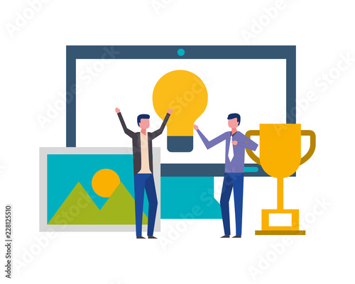 businessmen computer idea trophy success