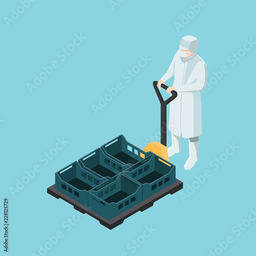 Food industry worker driving a manual forklift with plastic boxes isometric. 