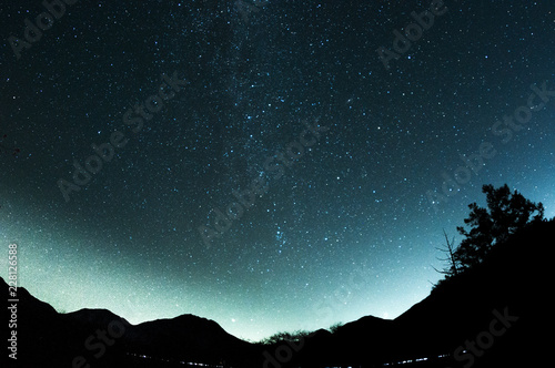 魚眼レンズで撮影した山と満天の星空