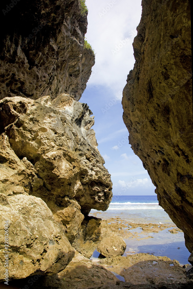 Exiting Avaiki caves on to the beach, Niue.