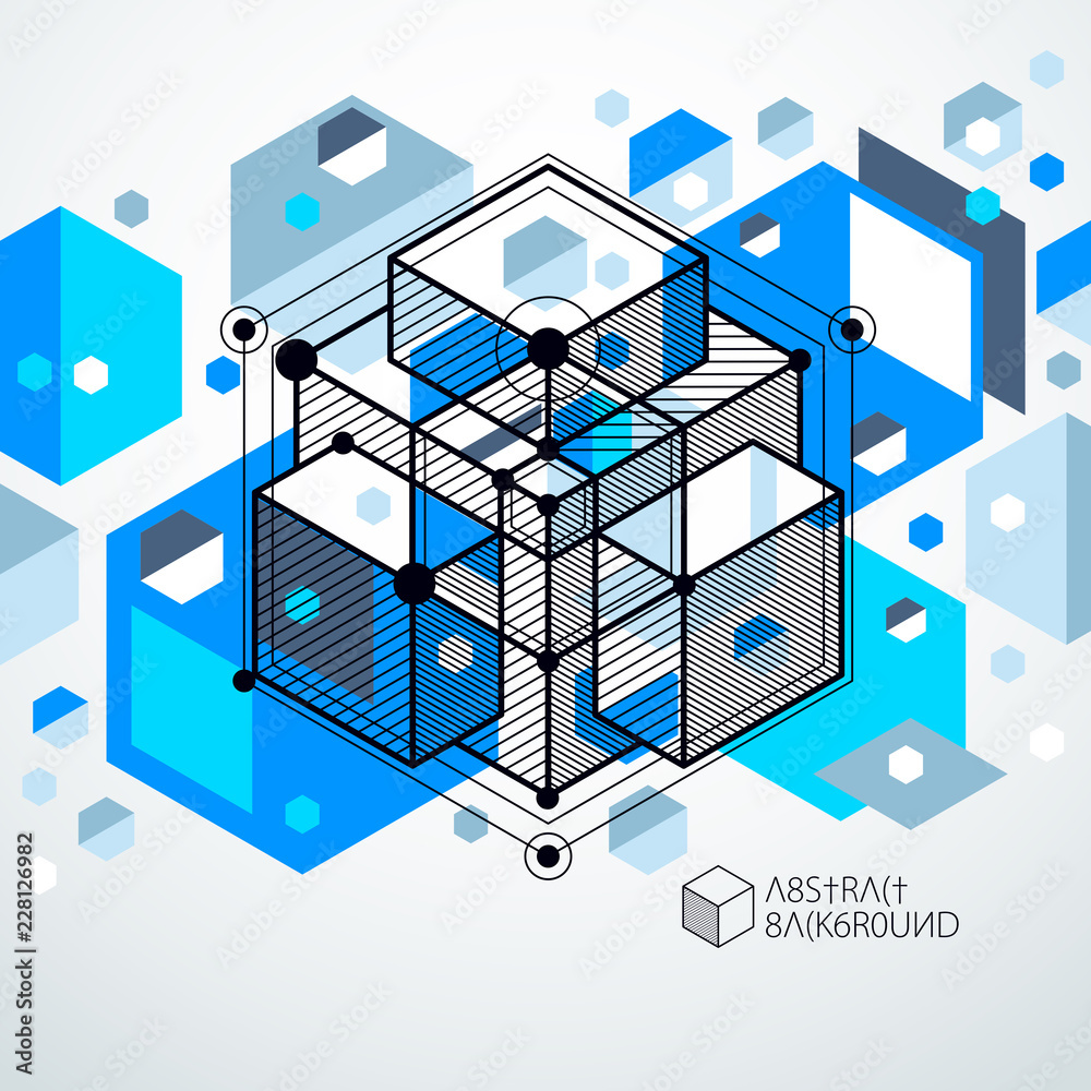 Vector abstract blue background created in isometric mesh lines style. Mechanical scheme, vector engineering drawing with cube and mechanism parts. Perfect background for your design projects