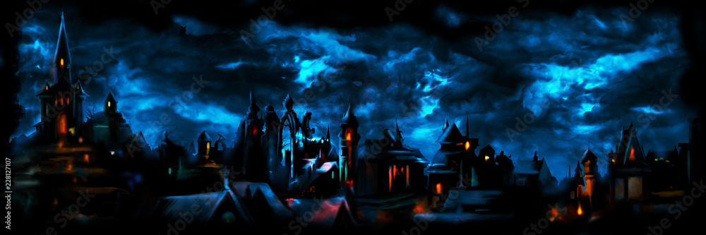 Naklejka premium Średniowieczna noc miasto banner / ilustracja fantazja miasta noc głąbik ze światłami, niebo z chmurami w tle