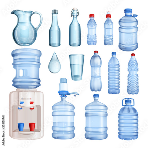 Water in plastic and glass bottles. Vector isolated objects set. Pure mineral water illustration