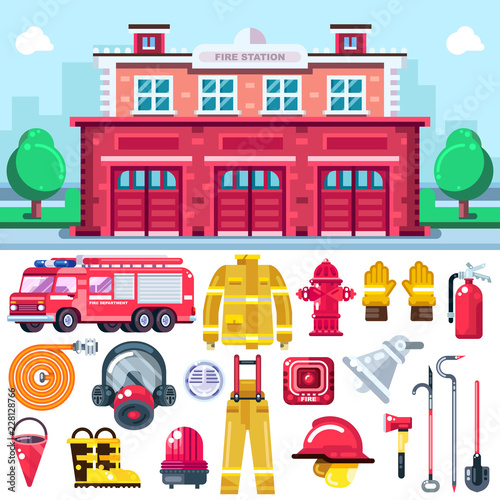 Firefighting equipment vector icons. City fire station illustration. Extinguisher, alarm system, firemans uniform, car