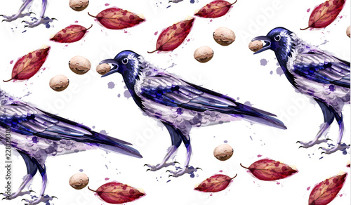 Autumn crow watercolor background Vector. Fall season decor textures