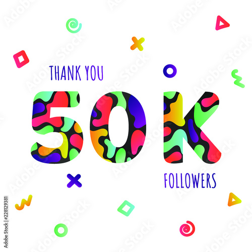 Thank you 50000 followers numbers postcard. Congratulating gradient flat style gradient 50k thanks image vector illustration isolated  white background. Template for internet media and social network.