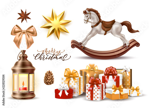 Vector merry christmas realistic symbols, toys set
