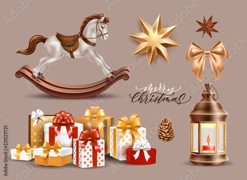 Vector merry christmas realistic symbols, toys set