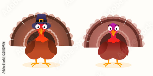Thanksgiving vector isolated cartoon turkey with pilgrim hat. 