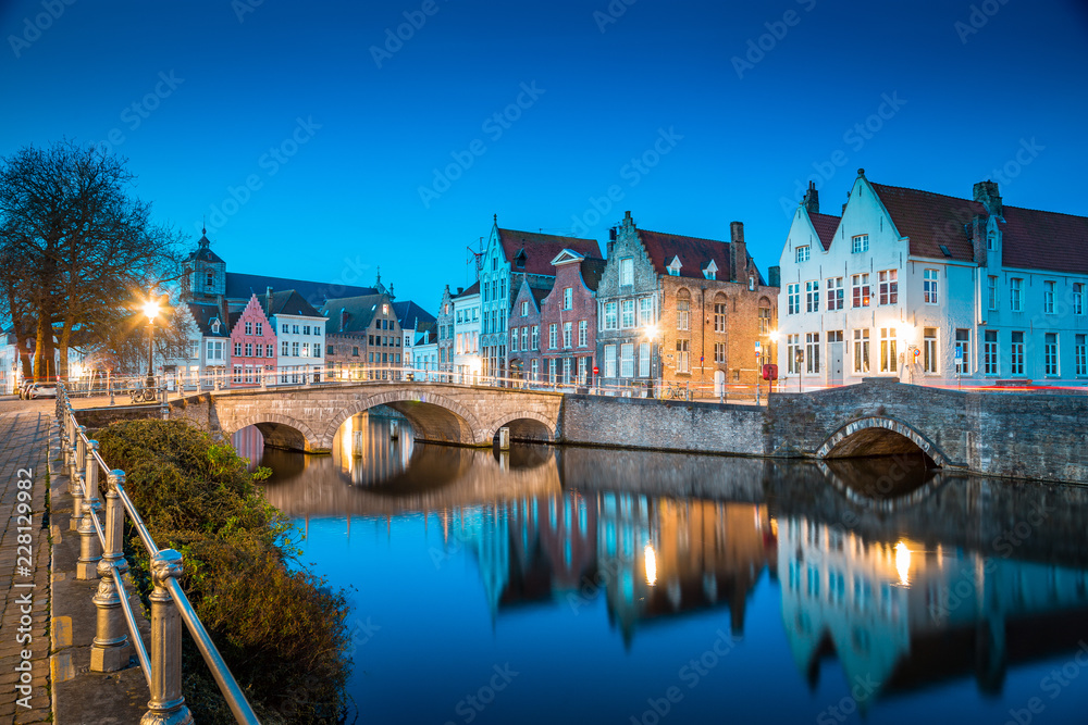 Historic city of Brugge at night, Flanders, Belgium