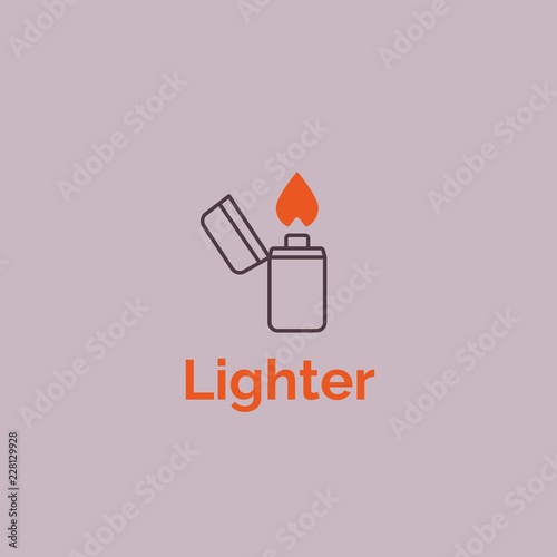 Old school lighter logo. Vector illustration. Lighter outline icon with fire. Lighter fire flame simple line 