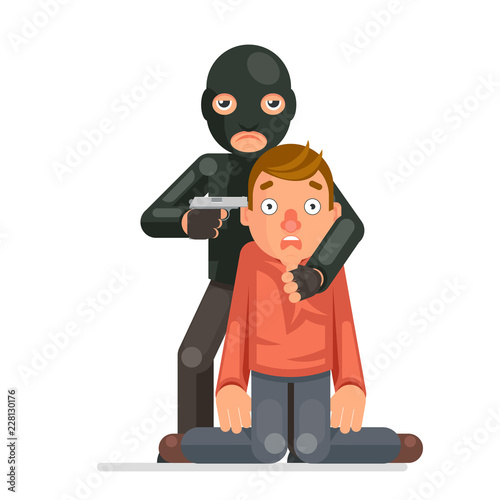 Terrorist hostage criminal thief gun character crime threat buyout request flat design vector illustration photo