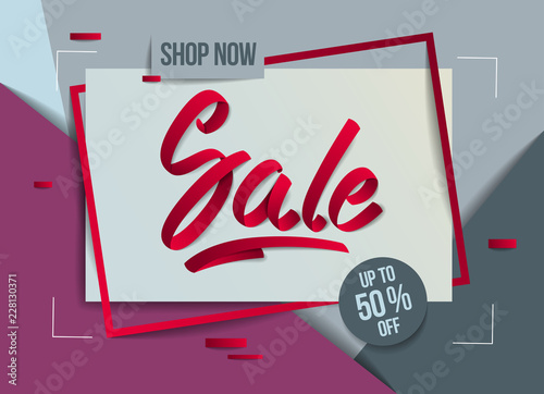 Sale flyer template with lettering, poster, card, banner, advertising design, moderate colors vector modern style cartoon paper cut 3d illustration.