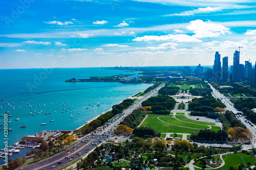 Overhead View of Grant Park Lake Shore Drive and Lake Michigan in Chicago photo