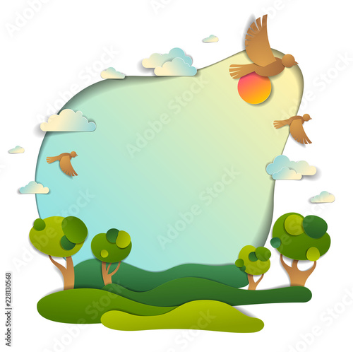 Green fields and trees scenic landscape of summer with clouds birds and sun in the sky, frame background with copy space,  paper cut illustration, holidays in countryside, travel and tourism theme.