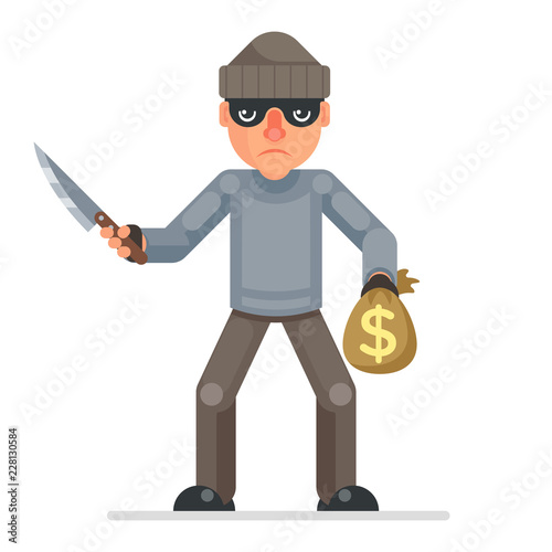 Threaten knife stole money evil greedily thief cartoon rogue bulgar character flat design isolated vector illustration
