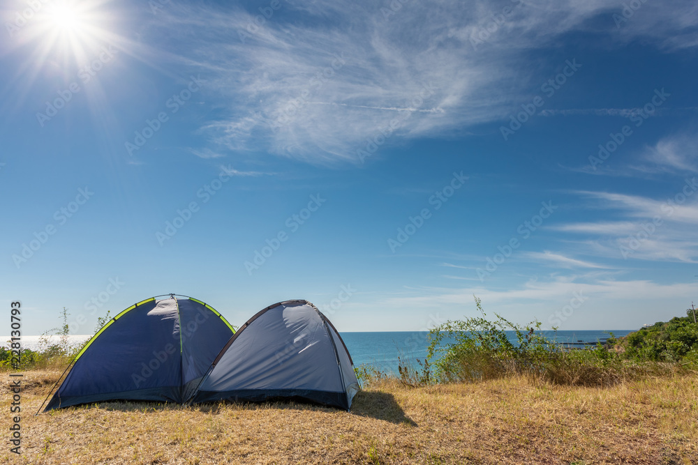 Two camping tents with beautiful nature landscape view